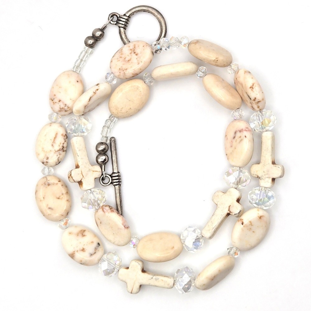 Beaded Necklace Howlite Stone Cross and Oval Beads AB Crystals Toggle Clasp